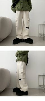 Chid Embroidery Heart Wool Soft Cargo Jogger Pants
