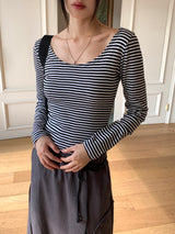 TL Striped Deep U-Neck Long Sleeve T-Shirt