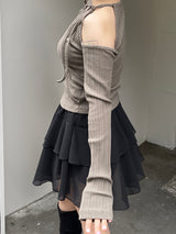 ディテールスリットリボンリブドTシャツ / Detail Slit Ribbon ribbed T-Shirt