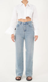 ストレートフィットバックポケットレザーパッチポイントブレットマークデストロイドデニムパンツ / STRAIGHT FIT BACK POCKET LEATHER PATCH POINT BULLET MARK DESTROYED DENIM PANTS [16624]