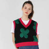 Flower pattern crop knit vest [Black] (6535249035382)