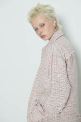 Raw Cut Detail Tweed Trucker Jacket Ivory & Red