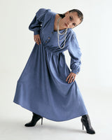 V-NECK CREASE SHIRRING ONEPIECE - CLASSIC BLUE (6635995955318)