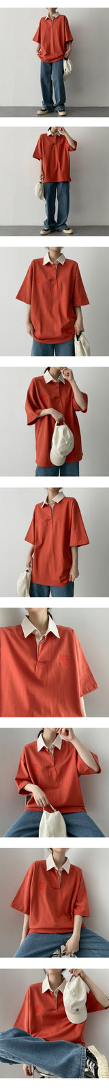 カーボ刺繍カラーカラー半袖Tシャツ / Carbo embroidery color collar short-sleeved T-shirt