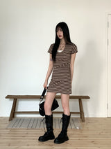 ローナビンテージストライプカラー半袖ミニワンピース/ Rona Vintage Stripe Collar Short Sleeve Mini One Piece