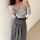 [Bellide made/Modal 37%] Waist-Emphasizing  side shirring U-neck T-shirt