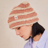 Square Label Stripe Crochet Beanie / Pink