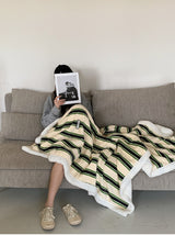 Retro stripe microfiber lamb fleece blanket - 100x150cm - Green