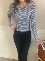 ストライプオフショルダーロングスリーブTシャツ
