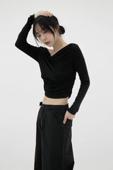 2ウェイボートネックシャーリングTシャツ / Two-way boat neck shirring t-shirt (2color)