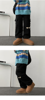 Chid Embroidery Heart Wool Soft Cargo Jogger Pants