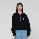 [UNISEX] White flower embroidery half zip-up clip Collar sweatshirt (6690661597302)