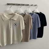 エンブロイダリーバンディングジップアップショートスリーブ ニットウェア / WM embroidery banding zip-up short-sleeved knitwear