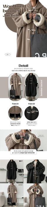 [Fleece lining] Cado Boxy Long Tteokbokki Hooded Bomber Jacket Coat