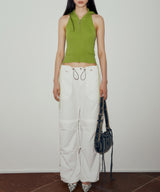レースアップホルターフードニットノースリーブ / LACE-UP HALTER HOODED KNIT SLEEVELESS (GREEN)