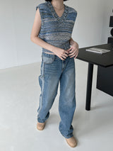 カラーマッチングカットブラッシュデニムパンツ/no.1792 color matching cat brush denim pants