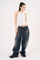 Claw cat washed wide denim pants