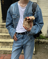 カラーレスデニムジャケット/Collarless denim jacket