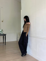 Iku striped button slit off-shoulder long sleeve T-shirt