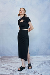 HIDE Slit Band Long Skirt (Black) (6570965958774)