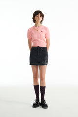 スモールチェリーケーブルクロップ丈のショットスリーブニット／SMALL CHERRY CABLE CROP SHORT SLEEVE KNIT [SALMON PINK]
