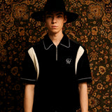 レザートリムベロアジップアップポロシャツ/[UNISEX] Leather-Trimmed Velour Zip Polo (Black)