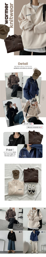 Teak embroidery fleece half zip-up sweatshirt