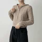 テリーツイストブレッドベースクロップドニットフーディジップアップ / Terry Twisted Bread-based Cropped Knit Hoodie Zip-Up