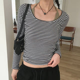 Liren ストライプ スリム フィット ラウンド クロップ ロング スリーブ T シャツ