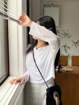 リードリネンボートネックビーチウェアクロップド長袖Tシャツ / Reid linen boat neck beach wear cropped long-sleeved T-shirt