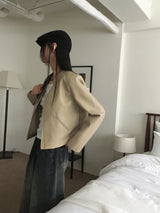 TF ノーカラーVショートレザージャケット