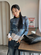 Denim see-through long sleeve top