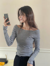 ストライプオフショルダーロングスリーブTシャツ