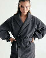 UNISEX BELTED WOOL DOUBLE COAT W - SHARKSKIN DARK GRAY (6636059689078)