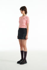 スモールチェリーケーブルクロップ丈のショットスリーブニット／SMALL CHERRY CABLE CROP SHORT SLEEVE KNIT [SALMON PINK]