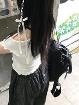 romantic lovely ribbon choker frill ribbed T-shirt