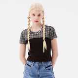 スモールチェリーメッシュパターンカラーミックスクロップTシャツ / SMALL CHERRY MESH PATTERN COLOR MIX CROP T-SHIRT [BROWN]
