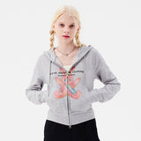 (X) WITTY BUNNY SPLIT GRAPHIC CROP HOODIE ZIP UP [MELANGE GRAY]