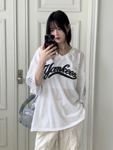 ヤンキースボクシーメッシュレタリングワッペンユニフォームVネックショートスリーブTシャツ