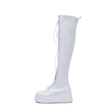 Platform Lace-Up Long Boots(White)