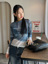 Denim see-through long sleeve top