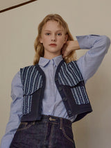 Denim Patched Fleece Vest (Blue)