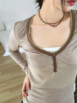 Zenki Vintage Button Ribbed Slim V-Neck T-Shirt