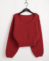 Bien off-shoulder two-way button slit V-neck long sleeve knit