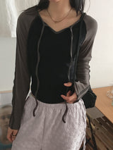 キベカラーコンビネーションツートーンテープストラップ長袖Tシャツ
