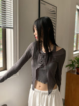 ケイタオールインワンホルターアイレットクロップド長袖Tシャツ / Keita all-in-one halter eyelet cropped long-sleeved T-shirt