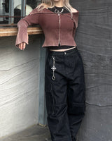 grunge washing off-shoulder crop two-way zip-up