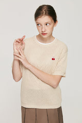 スモールチェリーニット半袖Tシャツ / UNI SMALL CHERRY SHORT SLEEVED KNIT KS [BEIGE]