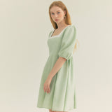 カラーウェイスクエアネックパフドレス / Colourway Square Neck Puff Dress (Mint)
