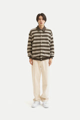 ストライプカラーカーディガンシャツ/Striped collar cardigan shirt C7 Oatmeal&Brown
